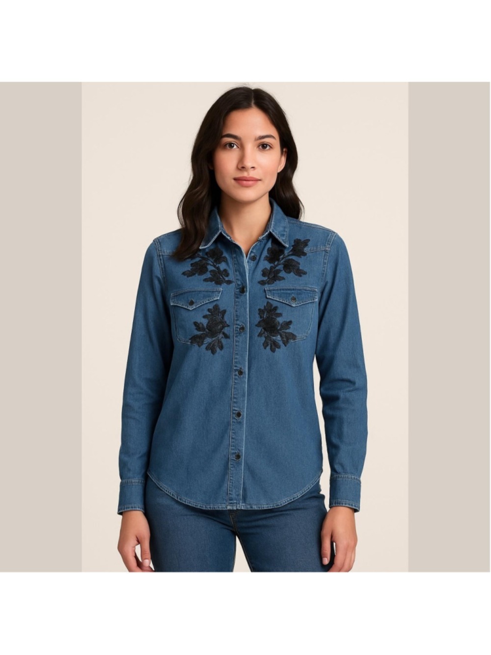Women's Lucky Brand Denim Button Down Shirt XS Blue with Black Embroidery